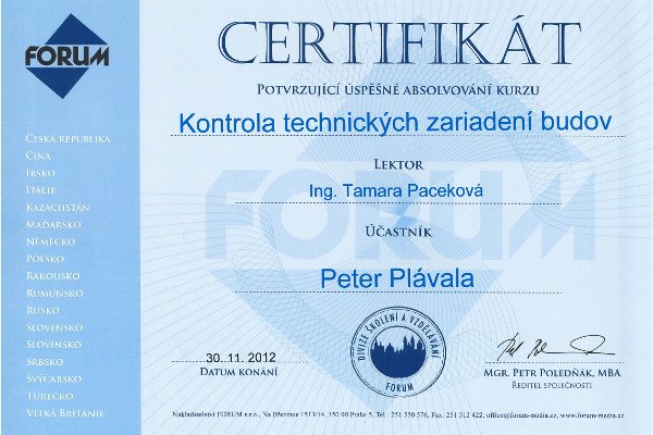 Certifikát: Kontrola technických zariadení budov